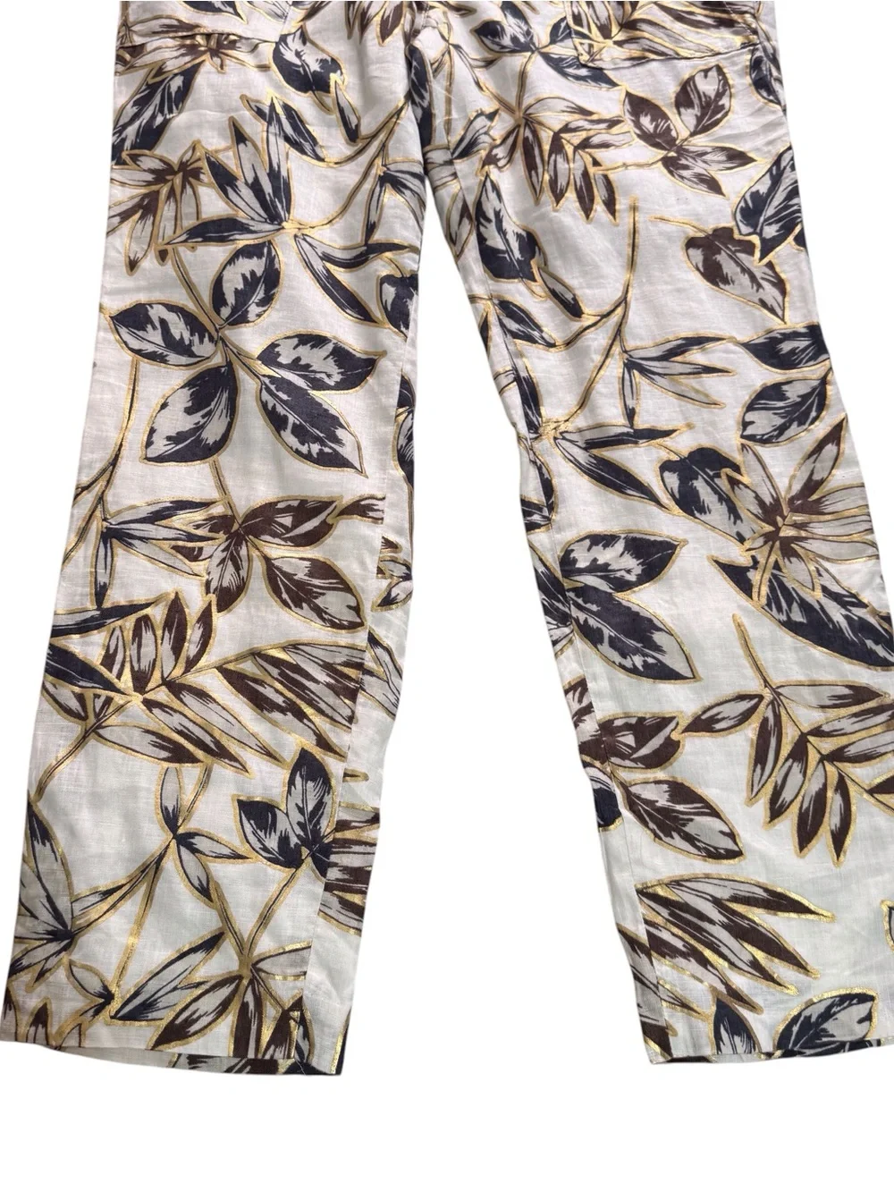 J. Crew Size 6 Linen Garden Print Pants Gold Leaf Foil Vacation Tropical Resort